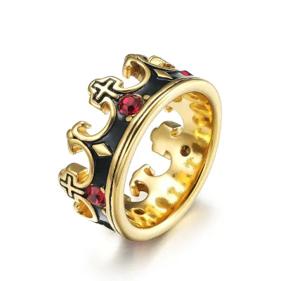 18K Gold Plating Stainless Steel Vintage Anti Rust Crown Cross Finger Rings for Men Waterproof Crown Shaped Retro Men Ring