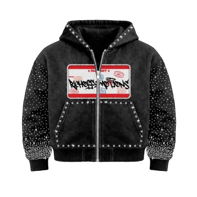 Custom Cotton Applique Embroidery Rhinestones Hoodie Heavyweight Vintage Street-Style Loose Fit Oversized Distressed Crop Hoodie