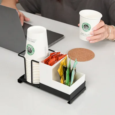 Coffee Cup Lid Holder Disposable Cup Dispenser for Countertop - Paper Cup Metal Organizer Storage with Coffee Pod Straw