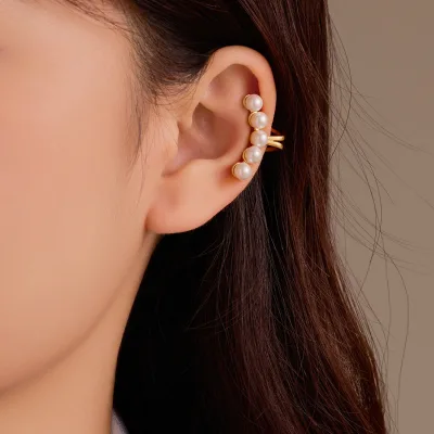 Trendy 18K Gold Plated Small Bold Chunky Ear Clip Pearl Earring Cuffs Stainless Steel for Women