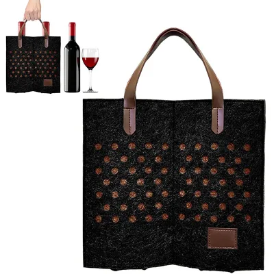 Eco-Friendly Black Felt Double Wine Bag with Brown Leather Handles Cutout Design 2-Bottle Wine Tote for Gifting & Parties