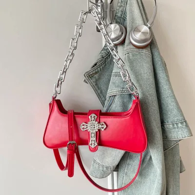 Fashion Women's Handbags Diamond Cross Cool Girls Y2K Underarm Bag Belt Lock Female Shoulder Bags Thick Chain Armpit Bag Ins