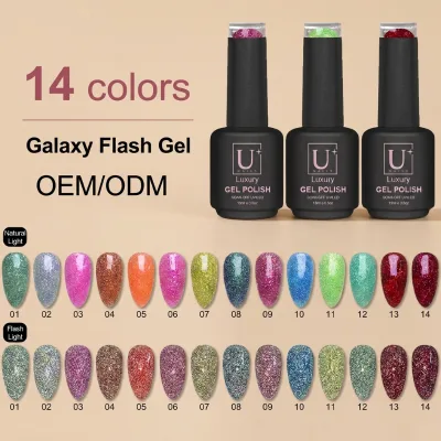 YOUGEL Custom Logo Soak off UV/LED Organic Resin 14 Colors Galaxy Flash Glitter Rhinestones Disco Gel Nail Polish 15ml Bottle