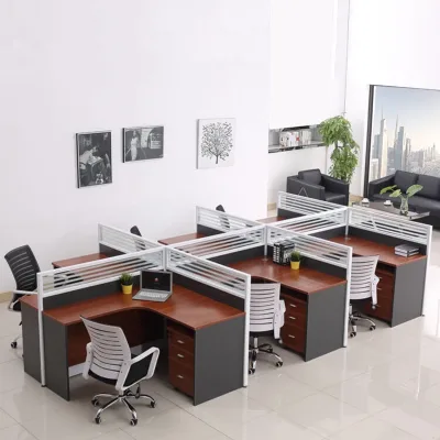 New Trendy Walnut Wood Grain 6-Seat Cross Office Cubicle, Half Height Translucent Blind Partition Desk for Large Open Office