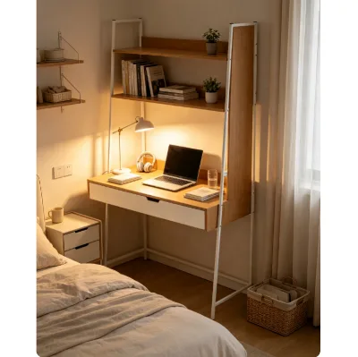 Modern Bamboo Wall Mounted Ladder Desk, 2 Open Shelves Computer Desk with White Drawer