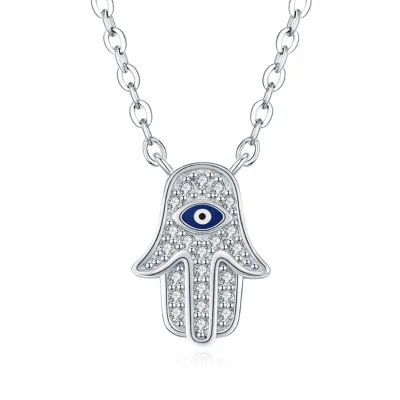 Hamsa Hand Enamel Rhodium Plated Jewelry Cubic Zirconia 925 Sterling Silver Cross Chain Blue Evil Eye Pendant Necklace Women