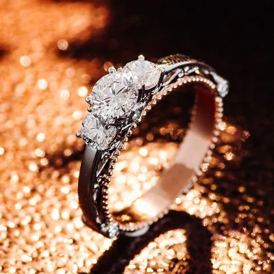 3 Stone Round Diamond 14k Solid White Gold and Rose Gold Double Layer Ring Luxury Lab Grown Diamond Engagement Ring for Women