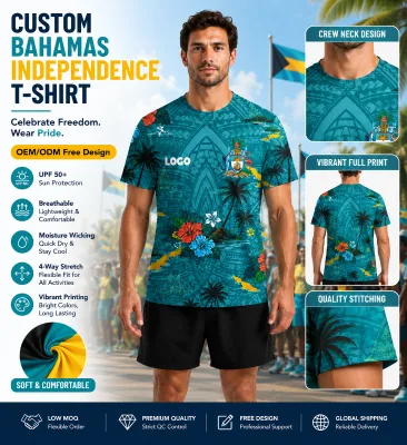 Custom Bahamas 53rd Independence Day Polyester Short Sleeve T-Shirt Lightweight Breathable Sublimation Print Tshirt for Events
