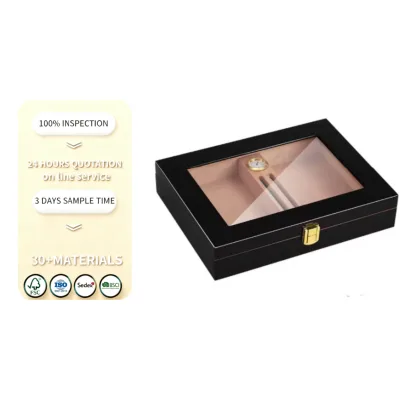 Hot Sale Custom Classic Lacquer Finish Transparent Top Lid Cedar Wood Eco-Friendly Cigar Humidor Case Storage Box Humidifier