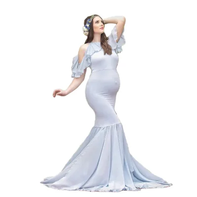 European American Maternity Pregnant Women Lace Stripe Shoulder Leakage Short Sleeve Mop Double Skirt Jumpsuit 100% Polyester