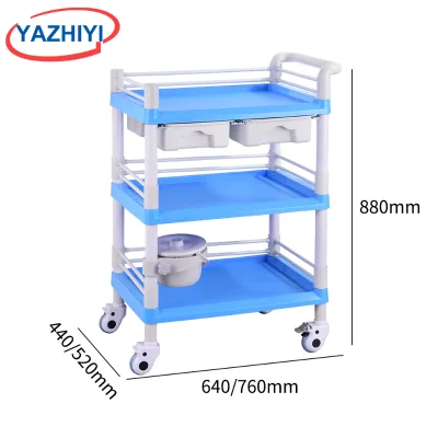 YAZHIYI 3 Layer ABS Medical Trolley With Double Drawers Waste Bucket Hospital Nursing Cart