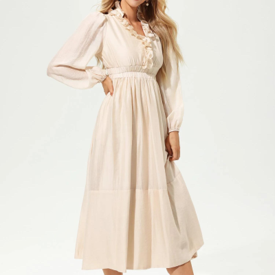 New Simple Lantern Sleeve  Stand Collar Ruffle Dress Casual Fashion Long Skirt Tucked Midi Dress