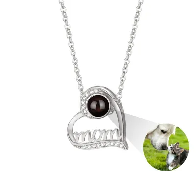 925 Silver Projection Necklace Classic Style Heart-Shaped Photo Pendant Mom's Gift with Chain Projections