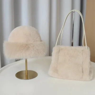 Trendy Women's Plush Tote Bag Simple Fuzzy Handbag with Hat Multiple Colors Casual Shoulder Bag for Ladies