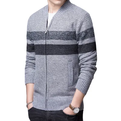2022 Winter Classic O Neck Men's Thick Cardigan Zip-up Open Front Casual Knitted Warm Coat Cheap Stripe Plus Size