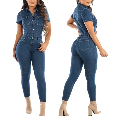 Custom Summer Short Sleeve Casual Tight Fitting Button Skinny Jean Jumpsuits Vintage Denim Overalls for Women