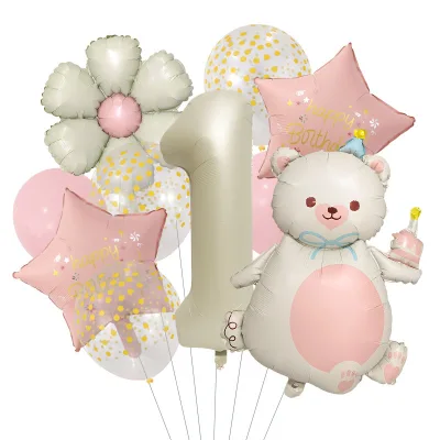 Lovely 39.37" Bear, 32" Number, 18" Daisy & Star Aluminum Foil Balloon & 12" Latex Non-Toxic Eco-Friendly Birthday Balloon Set