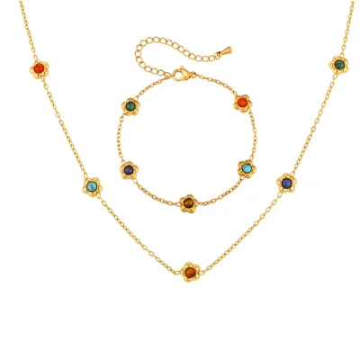 Fashion 18K Gold Stainless Steel Colorful Natural Stone Flower Charm Necklaces for Women