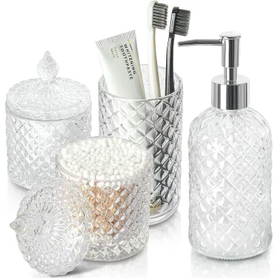 CF Clear Diamond Cut 4 Piece Soap Dispenser Toothbrush Holder Cotton Swab Jar Cotton Ball Canister Hotel Bathroom Set Organizer