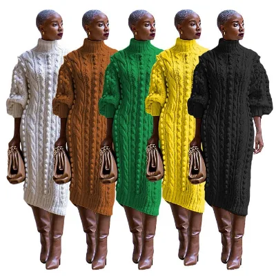 Fashionable Casual Solid High Necked Lantern Long Sleeve Slim Fit Pullover Dress with Side Opening and Simple Knitted