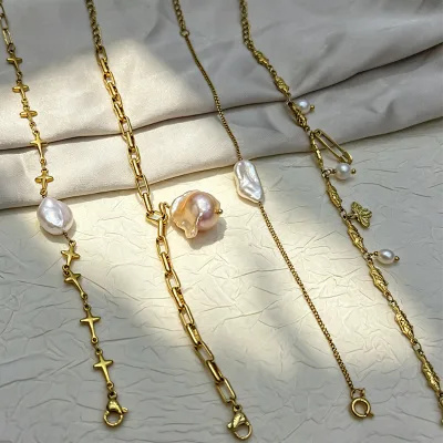 Muses Jewels Hot Sale Custom Pearl Strand Charm Bracelet Natural Freshwater Gold-plated Stainless Steel Link Perolas Naturais