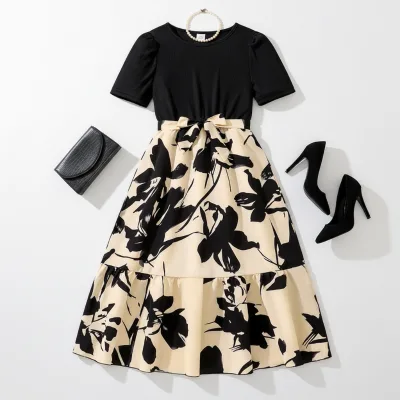Girls' Floral Print Midi Dress Short Sleeve Bow Belt Tiered Ruffle Hem Kids Casual Party Dress