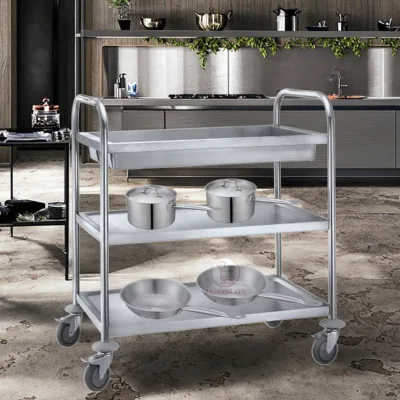 Deep Pan Service Trolley with 3 Layers Rail Holder and Wheels for Kitchen Buffet Equipment for Hotel & Restaurant Use