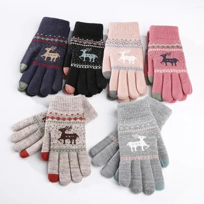 Custom Logo Women Winter Magic Gloves Jacquard Touch Screen Full Finger Warm Knitted Soft Yarn Gloves