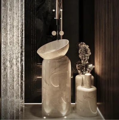 Translucent Natural White Marble Pedestal Sink Freestanding Bathroom Basin for Luxury Decor