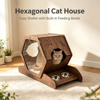 Modern Hexagon Wooden Cat House With Feeding Station and Scratching Board for Indoor Living Room Pet Furniture Decoration