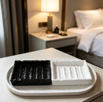 Matte Textured Ceramic Tray Black White Rectangular Modern Instagram Style Decorative Plate for Aromatherapy Hotel Home Gift