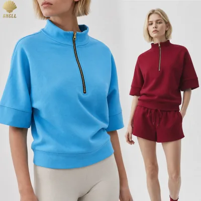 Custom Women Quarter Zip Pullover Short Half-Sleeve Hoodie Drop Shoulder Loose Fit Athleisure Tops for Gym Yoga and Streetwear
