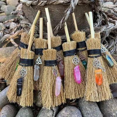 Natural Crystal Halloween Style Mini Magic Broom Pendant Car Charm Decorative Jewelry Craft Gift Various Color Gemstone