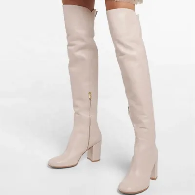 Casual Soft Leather Upper Round Toe Over Knee Boots Fashion Shoes Big Size 46 Zipper High Chunky Heel