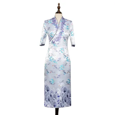 Chinese Traditional Cheongsam Long Qipao Dress Mandarin Collar Side Slit Clothing Costume Dress Chinese Restaurant Receptionist
