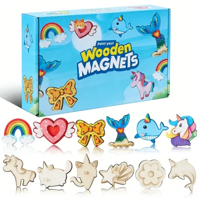 Kids DIY Wooden Coloring Craft Kit Painting Toy Magnetic Fridge Magnet Educational Set