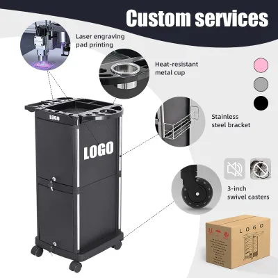 Salon Trolley Cart with Lockable Drawer & Hair Dryer Holder, Black Rolling Beauty Storage Cabinet for Hairdressers