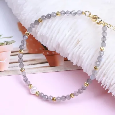 Bestone Women's Elegant Beaded Bracelet Gray Moonstone Faceted Beads Freshwater Pearl Thin Bracelet Wholesale