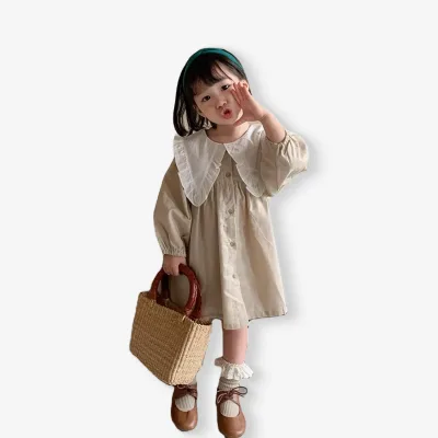 Children's Autumn Solid Color Dresses Kid Casual Lace Clothes Baby Girls Plaid Dresses