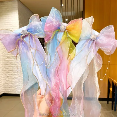 Wholesale Pearl New Design Children New Large Mesh butterfly Cute Girls Hair Accessories Hair Bow Clip