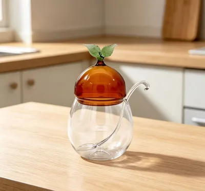 OEM Custom clear Glass Honey Jar With Fruit Shape Lid & Match Spoon Wholesale Borosilicate Sugar Spice Storage Canister