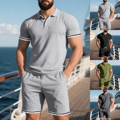 European American Men's Summer Casual Polo Shirts Shorts Pants Set Breathable Soft Fabric Stand Collar Casual Suit for Men