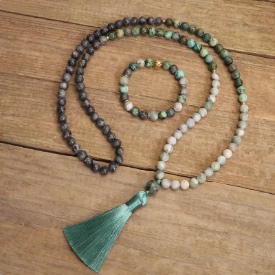 8mm 108 Mala Beads Wrap Bracelet Necklace for Yoga African Turquoise with Black Labradorite Charm Beads Natural Gemstone Jewelry