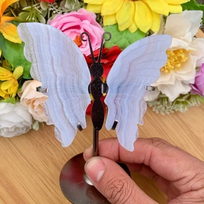 Hot Sales Natural Crystal Wings Carving Hand Carved Blue Lace Agate Butterfly Wings with Holder for Decoration Gifts