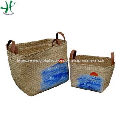 Seagrass Storage Basket with Simili Handles, Painted Pattern