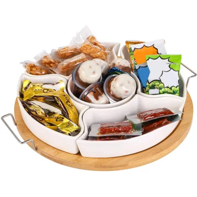 10 Inch Ceramic Divided Serving Dishes with Bamboo Platter, Relish Tray 6 Removable Bowls for Condiment, Appetizer, Chips,