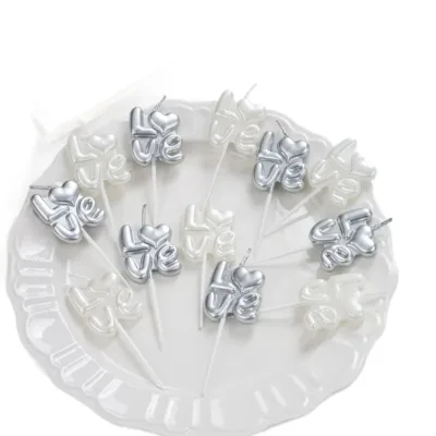 Korean INS Silver Pearlescent LOVE Heart Shaped Candles Valentine's Day Cake Topper Decorations