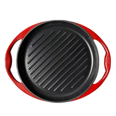 New Arrival Cast Iron Round Enamel Non-stick Two Handle Bread Baking Tray Grill Pan
