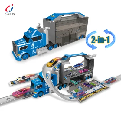 Chengji Plastic Container Truck Toy Track Foldable Ejection Rail Friction Alloy Car Transport Carrier Toy Truck Trailer for Kids