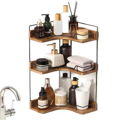 Wooden Multi-Purpose Bathroom Vanity Storage Rack with Corner Shelf and Dressing Table Countertop for Skincare and Cosmetics